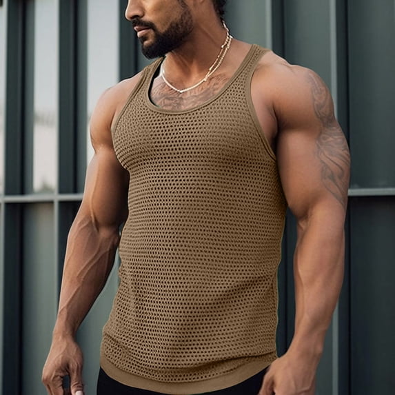 Domuza Mens Knitted Tank Tops Casual Sleeveless See Through Mesh Tank Tops Beach Muscle Knit Vest Light Brown S
