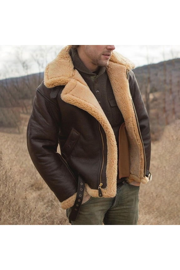 Mens Leather Bomber Jacket Sherpa Lined Fleece Zip Up Flying Jacket Fall Winter Thermal Big and Tall Retro Sheepskin Coat Brown XL