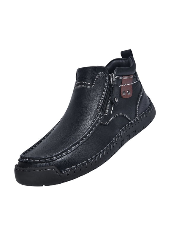 Mens Leather High-Top Loafers Handmade Side Zipper Casual Round Toe Anti-Slip Dress Chelsea Walking Driving Mid-top Dress Shoes Black 8 (EU-41)