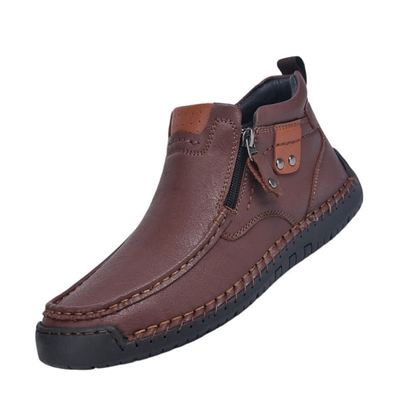 Domuza Mens Leather High-Top Loafers Handmade Side Zipper Casual Round Toe Anti-Slip Dress Chelsea Walking Driving Mid-top Dress Shoes Coffee 8.5 (EU-42)