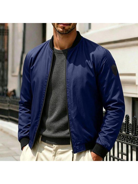Mens Lightweight Zip‑Up Bomber Flight Jacket, Stand Collar Solid Windbreaker Coat with Zipper Pocket, Casual Business Streetwear Outerwear for Spring & Fall