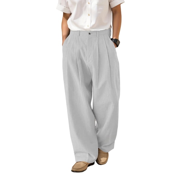 Domuza Mens Linen Casual Dress Pants Old Money Wide Leg Baggy Pleated Vintage Relaxed Fit Slacks Work Office Light Gray M