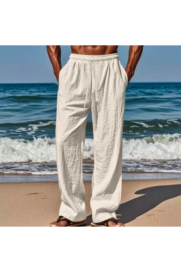 Mens Linen Pants Breathable Slacks with Elastic Waist and Drawstring Lightweight Pant Summer Beach Trousers Beige M