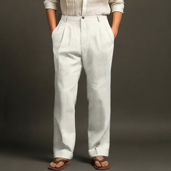 Domuza Mens Linen Pants Casual Stylish Pleated Straight Leg Dress Trousers Spring Summer Loose Fit Lightweight Beach Pants with Pockets Light Gray L