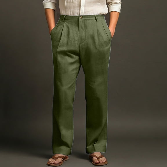 Domuza Mens Linen Pants Casual Stylish Straight Leg Pleated Pleated Slacks Spring Summer Relaxed Fit Lightweight Beach Pants with Pockets Army Green S