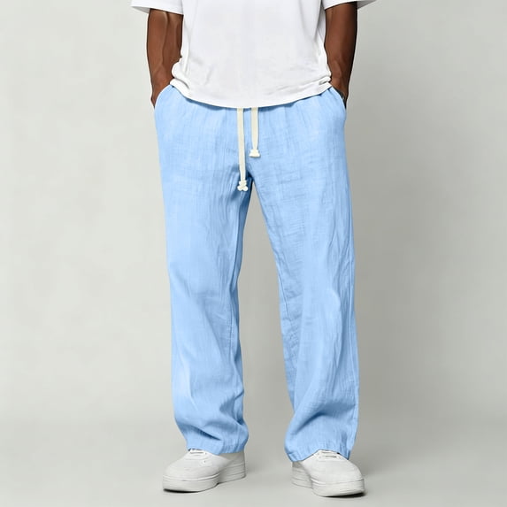 Domuza Mens Linen Pants Casual Summer Beach Pants Elastic Waist Drawstring Lightweight Vacation Trousers with Pockets Light Blue 2XL