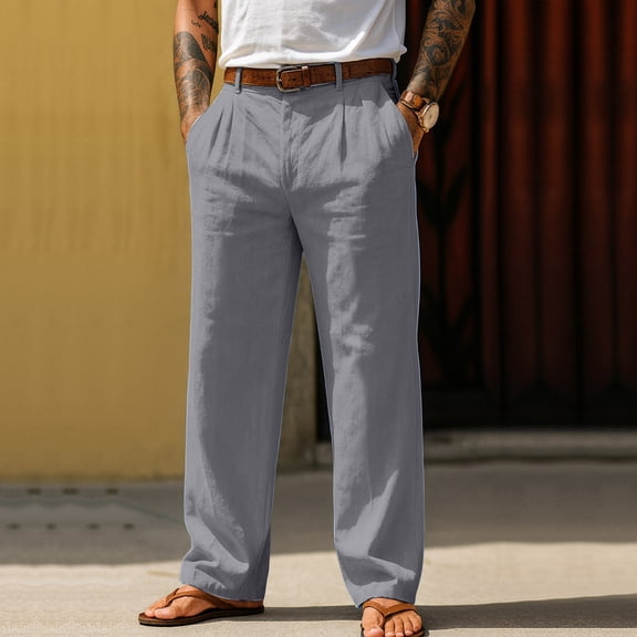 Domuza Mens Linen Pants Casual Trendy Straight Leg Pleated Pleated Slacks Spring Summer Baggy Lightweight Beach Pants with Pockets Gray L