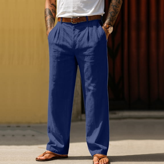 Domuza Mens Linen Pants Fashion Casual Pleated Straight Leg Dress Trousers Spring Summer Baggy Lightweight Beach Pants with Pockets Navy M