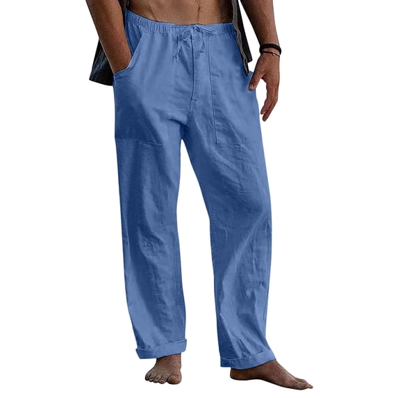 Domuza Mens Linen Pants Straight Leg Beach Pants Drawstring Elastic Waist Summer Stylish Trousers with Pockets Sky Blue 3XL
