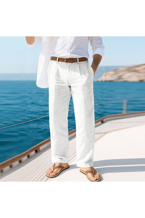 Mens Linen Pants Trendy Casual Pleated Straight Leg Pleated Slacks Spring Summer Lightweight Loose Fit Beach Pants with Pockets White 2XL