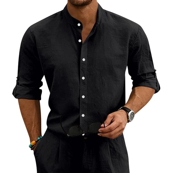 Domuza Mens Linen Shirts Stand Collar Long Sleeve Casual Tops Lightweight Plain Button Tops Classic Business Shirts Black 3XL