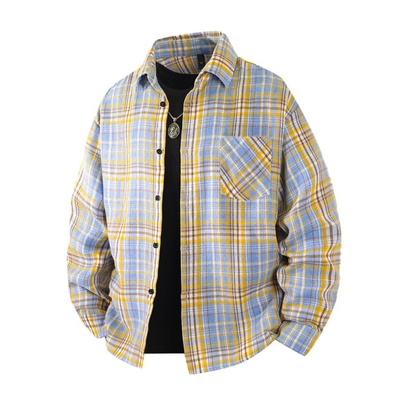 Domuza Mens Long Sleeve Button Down Shirts Casual Untucked Collared Plaid T-Shirt with Pockets Fashion Comfy Lightweight Loose Fit Blouse Yellow 3XL