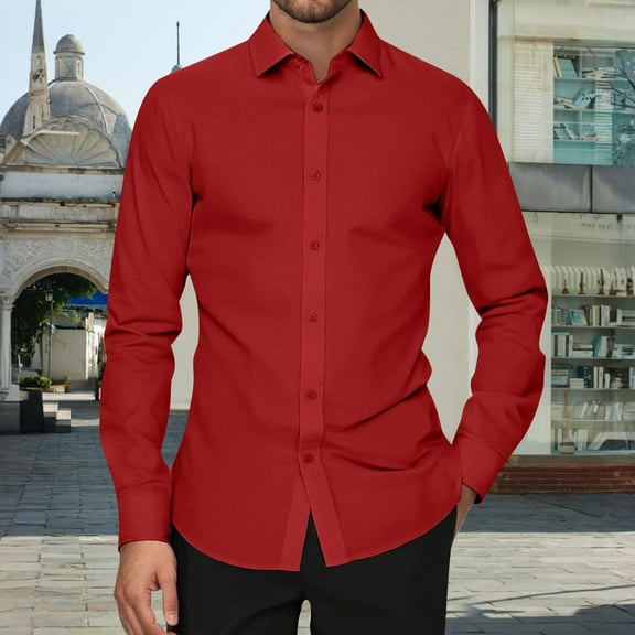 Domuza Mens Long Sleeve Button Down Shirts Stretch Wrinkle-Free Classic Fit Formal Dress Shirts Business Casual Solid Lapel Tshirts Red XL