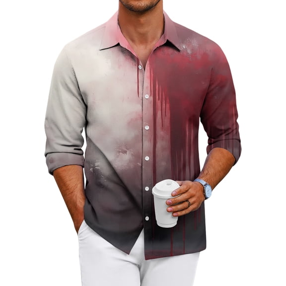 Domuza Mens Long Sleeve Button Down Shirts Halloween Funny Horror Print Relaxed Fit T Shirt Casual Lightweight Lapel Dress Shirts for Halloween Party Wine 3XL