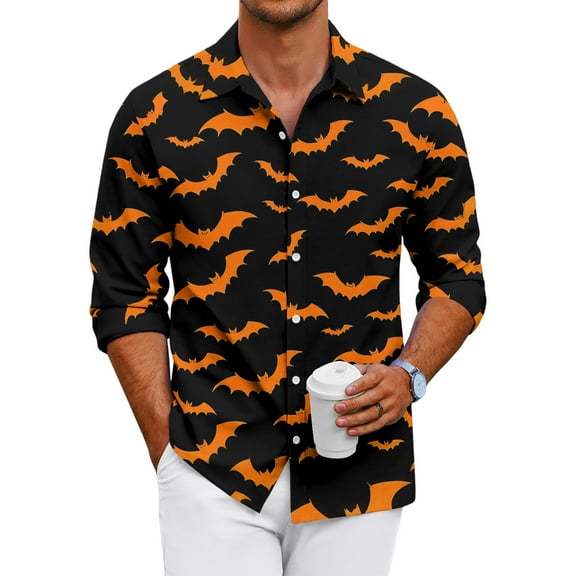 Domuza Mens Long Sleeve Button Down Shirts Halloween Novelty Novelty Print Loose Fit T-Shirt Casual Lightweight Collared Top for Halloween Party Ginger M
