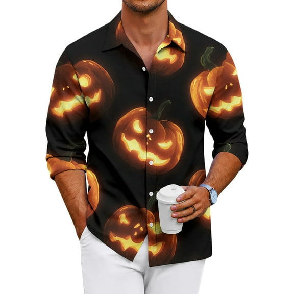Domuza Mens Long Sleeve Button Down Shirts Halloween Spooky Novelty Print Relaxed Fit T-Shirts Lightweight Casual Lapel Tops for Halloween Party Orange M