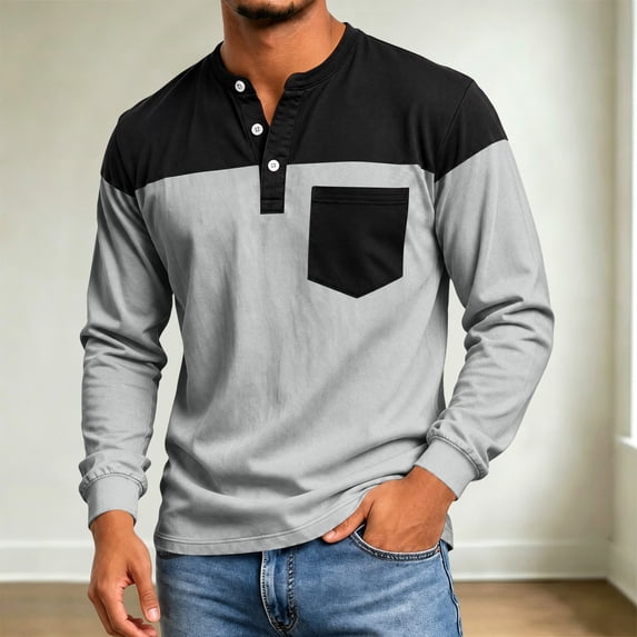 Domuza Mens Long Sleeve Henley Shirts with Pocket Color Blocked Collared Shirts Button Up Casual Workout Athletic Pullover