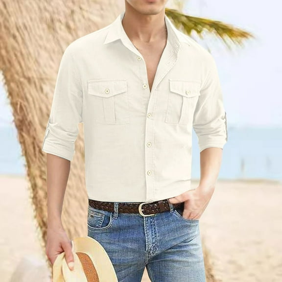 Domuza Mens Long Sleeve Linen Shirt Casual Breathable Button Down Work Shirts Fall Lightweight Comfy Pure Color Collared Tee with Double Pockets Beige L