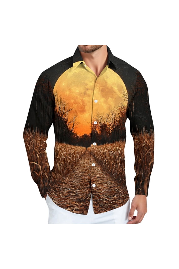 Mens Long Sleeve Shirts Halloween Novelty Novelty Print Button Up Tshirts Casual Regular Fit Collared Dress Shirts for Halloween Party Ginger M