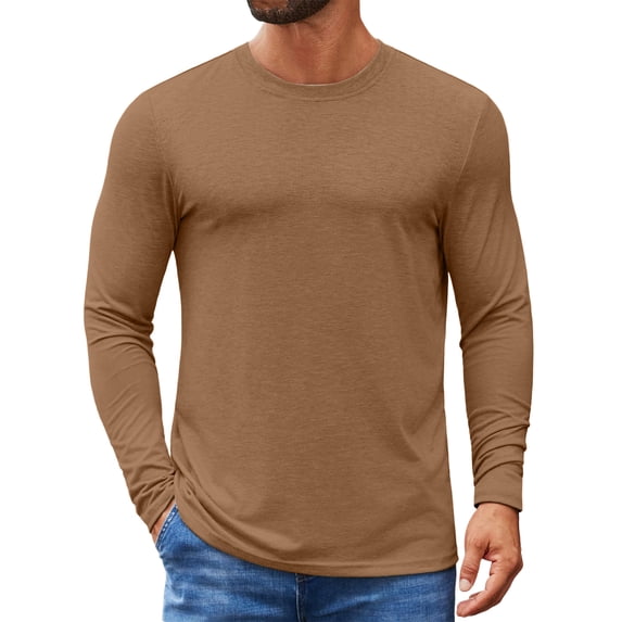 Domuza Mens Long Sleeve Tee Shirts Crew Neck Cotton Casual Basic Designed Undershirt Lightweight Soft Stretch Regular Fit Pullover Brown L