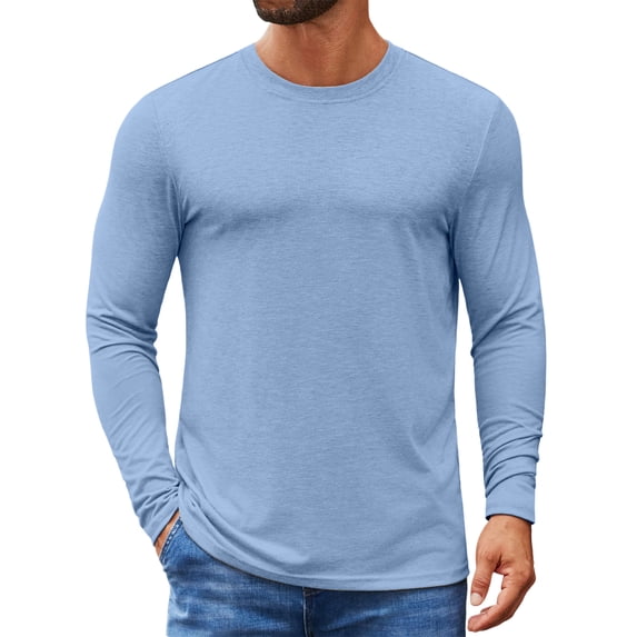 Domuza Mens Long Sleeve Tee Shirts Crew Neck Cotton Casual Basic Thermal Undershirt Lightweight Soft Stretch Slim Fit Pullover Top Light Blue 3XL