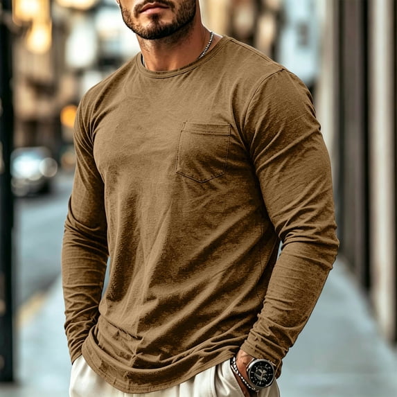 Domuza Mens Long Sleeve Tee Shirts Crew Neck T-Shirts Solid Moisture Wicking Casual Basic Shirt with Pocket Camel 2XL