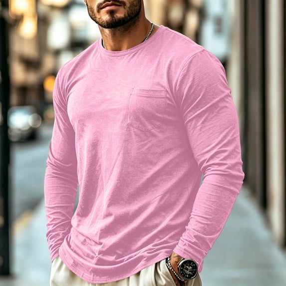 Domuza Mens Long Sleeve Tee Shirts Crew Neck T-Shirts Solid Moisture Wicking Casual Basic Shirt with Pocket Pink L