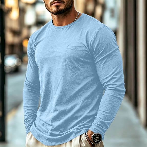 Domuza Mens Long Sleeve Tee Shirts Crew Neck T-Shirts Solid Moisture Wicking Casual Basic Shirt with Pocket Sky Blue XL