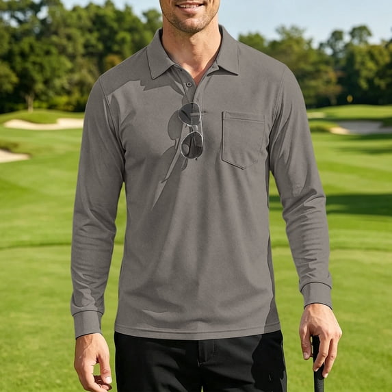 Domuza Mens Long Sleeve Work Polo Shirt with Pocket, Moisture Wicking Quick Dry, Durable Collared Shirt for Outdoor Job Gray XL