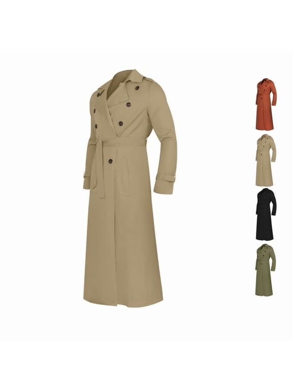 Mens Long Trench Coat, Double Breasted Lapel Jacket, Waterproof Windbreaker Overcoat for All-Weather Use