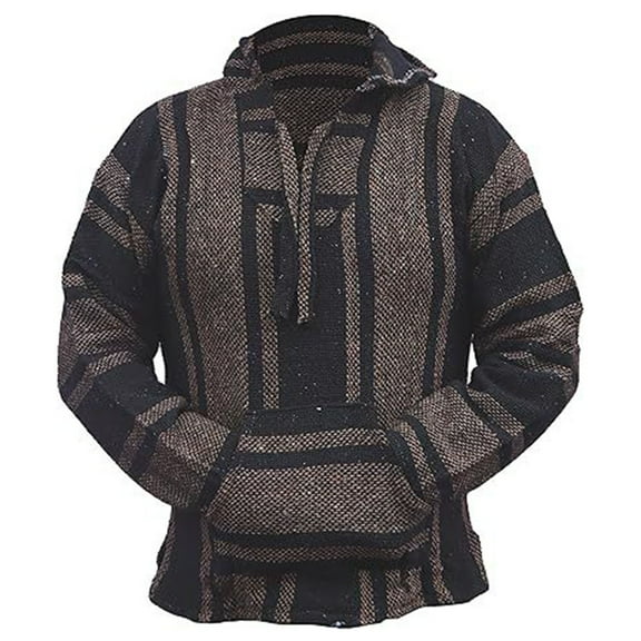 Domuza Mens Mexican Baja Hoodie Long Sleeve Classic Mexican Baja Drawstring Hooded Pullover Casual Fashion Relaxed Fit Pullover Sweater Jerga Brown 2XL