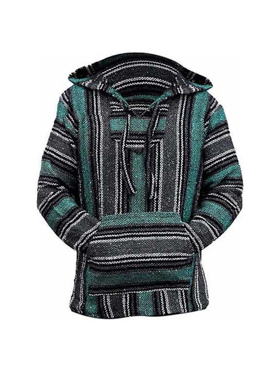 Mens Mexican Baja Hoodie Long Sleeve Classic Mexican Baja Drawstring Hooded Pullover Trendy Casual Relaxed Fit Pullover Sweater Jerga Green M