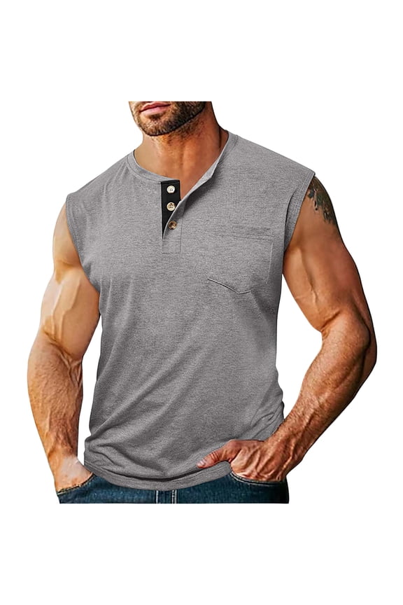 Mens Muscle Tank Tops Sleeveless Workout Gym Slim Fit Henley Shirt Casual Basic Summer Beach Tank Tops Cut Off Shirts Light Gray 3XL