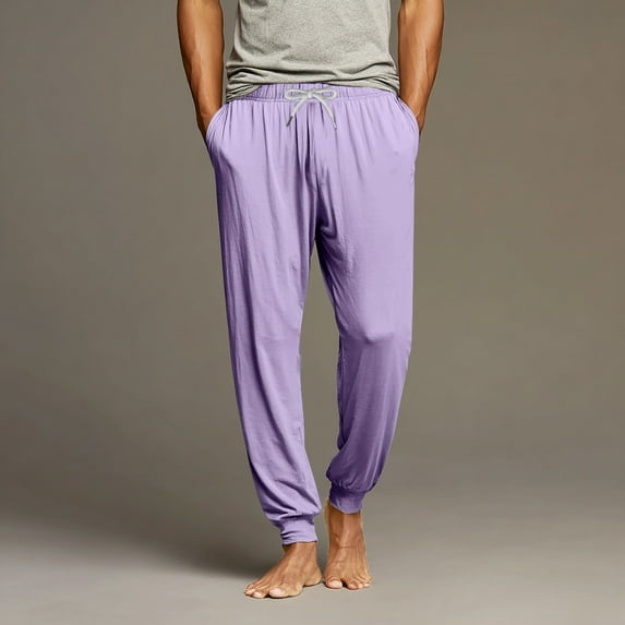 Domuza Mens Pajama Pants Lightweight Elastic Drawstring Soft Casual Jogger Pj Bottoms Comfy Loose Lounge Sleepwear with Pockets Light Purple 2XL