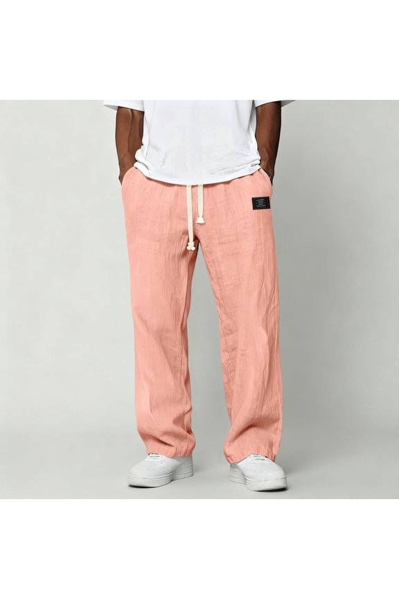 Mens Pants Casual Loose Hemp Drawstring Elastic Waist Trousers Lightweight Wide Leg Linen Pant with Pocket Red L
