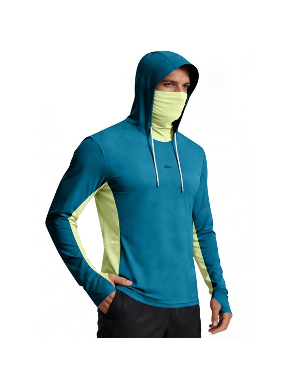 Mens Performance Fishing Hoodie Shirt - UPF 50+ UV Sun Protection Long Sleeve Mountain Apparel Shirts with Face Mask Turquoise M