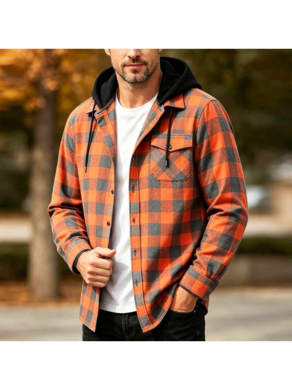 Mens Plaid Flannel Shacket Jacket, Classic Long‑Sleeve Button‑Down Casual Outerwear With Pockets, Loose‑Fit Lightweight Flannel Shirt Jacket - Orange XL