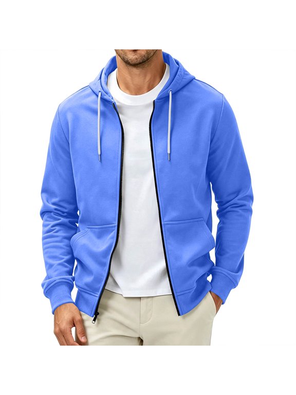 Mens Plain Full Zip Hooded Sweatshirt, Lightweight Fleece Long‑Sleeve Hoodie Jacket with Drawstring Hood & Spacious Pocket