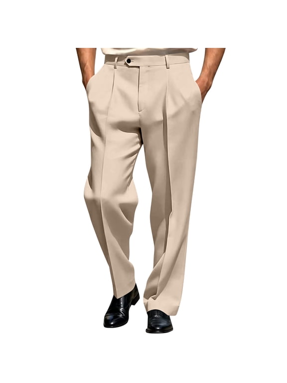 Mens Pleat-Front Dress Pants Relaxed Fit Wrinkle-Free Trousers for Men Khaki M