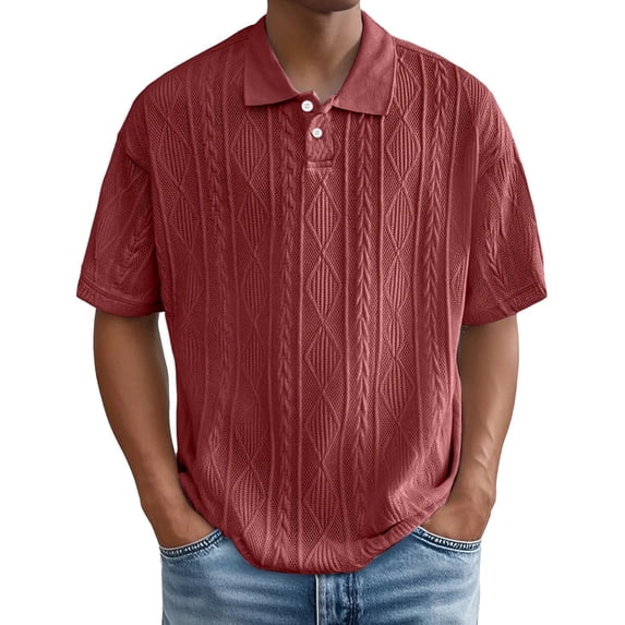 Domuza Mens Polo Shirt Textured Knit Button Casual Short Sleeve Summer Vacation Beach Stretchy Golf Shirts Wine S