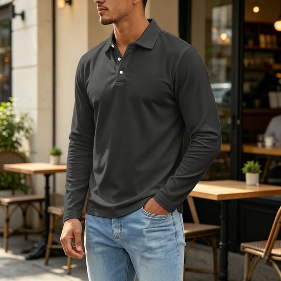 Domuza Mens Polo Shirts Collared Button Down Long Sleeve Solid Dress Shirt Fall Casual Athletic Golf Shirts