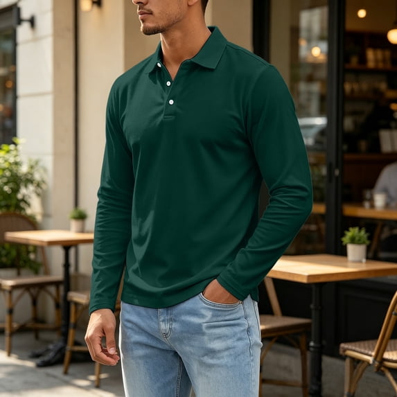 Domuza Mens Polo Shirts Collared Button Down Long Sleeve Solid Dress Shirt Fall Casual Athletic Golf Shirts