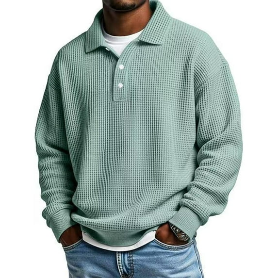 Domuza Mens Polo Shirts Vintage Waffle Knit Long Sleeve Lapel Button Down T Shirt Fall Winter Casual Stylish Loose Fit Blouse Light Green XL