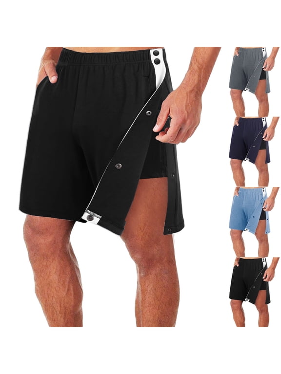 Mens Post Surgery Tear Away Shorts, Side Snap Fully Open Adaptive Shorts, Loose Fit Wide Leg Casual Shorts with Pockets Black 2XL