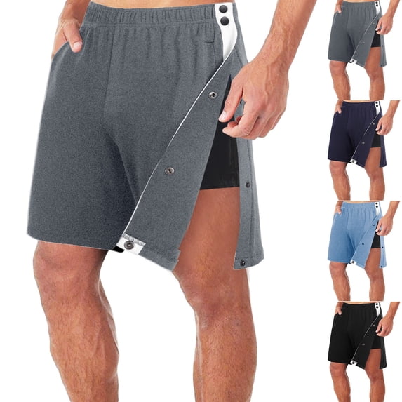 Domuza Mens Post Surgery Tear Away Shorts, Side Snap Fully Open Adaptive Shorts, Loose Fit Wide Leg Casual Shorts with Pockets Dark Gray 2XL
