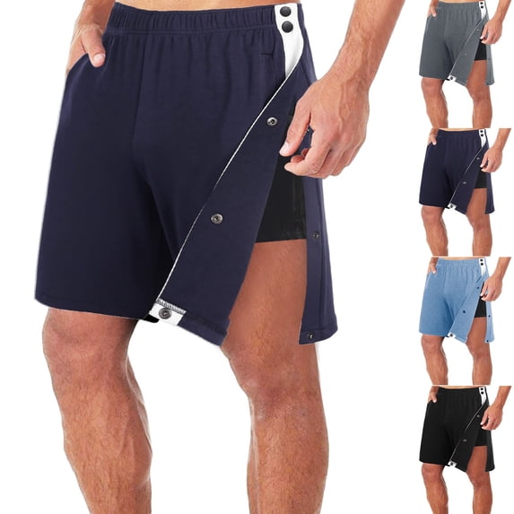Domuza Mens Post Surgery Tear Away Shorts, Side Snap Fully Open Adaptive Shorts, Loose Fit Wide Leg Casual Shorts with Pockets Navy 2XL