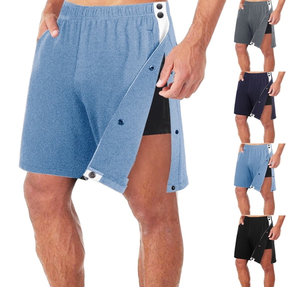 Domuza Mens Post Surgery Tear Away Shorts, Side Snap Fully Open Adaptive Shorts, Loose Fit Wide Leg Casual Shorts with Pockets Sky Blue 2XL