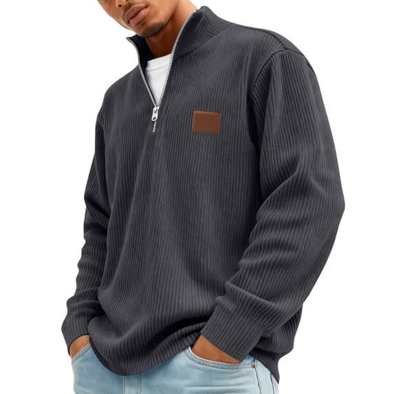Domuza Mens Pullover Quarter Zip Corduroy Lightweight Long Sleeve Sweater Fashion Mock Neck Polo Sweatshirt Fall Clothing Dark Gray M