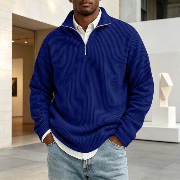 Domuza Mens Quarter‑Zip Corduroy Sweater, Long‑Sleeve Mock Neck Pullover Sweatshirt Casual Fall Winter Comfy Solid Color Polo Tops