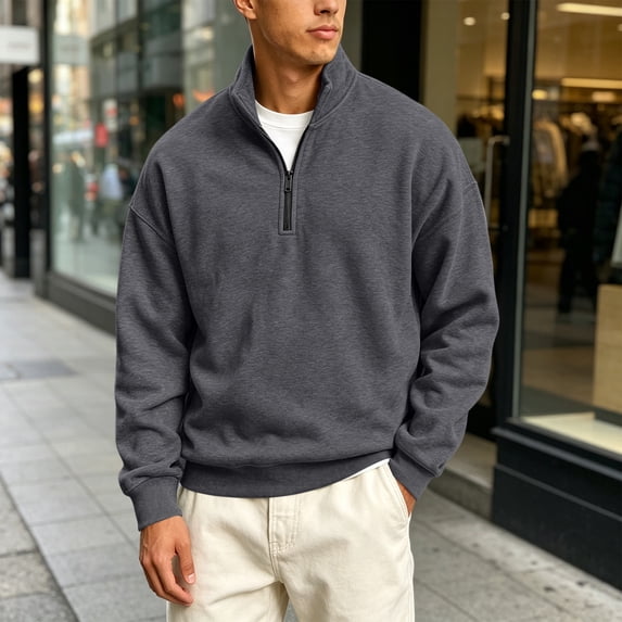 Domuza Mens Quarter Zip Lapel Collar Pullover Casual Lightweight Fleece Solid Color Comfort Soft Sweatshirt